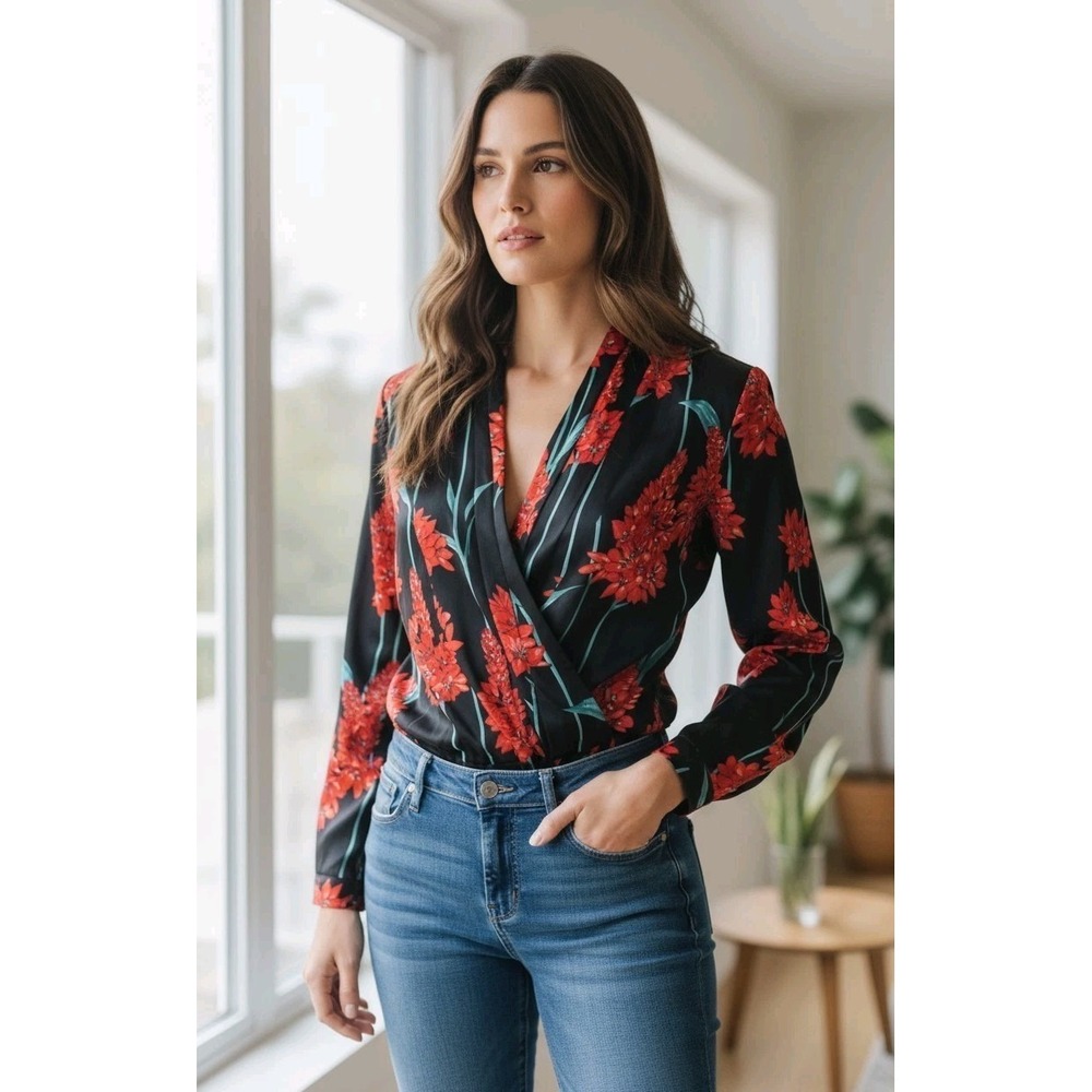 Zara Floral Bodysuit Long Sleeves Black Red Deep V Neck Wrap Sexy Retail $65